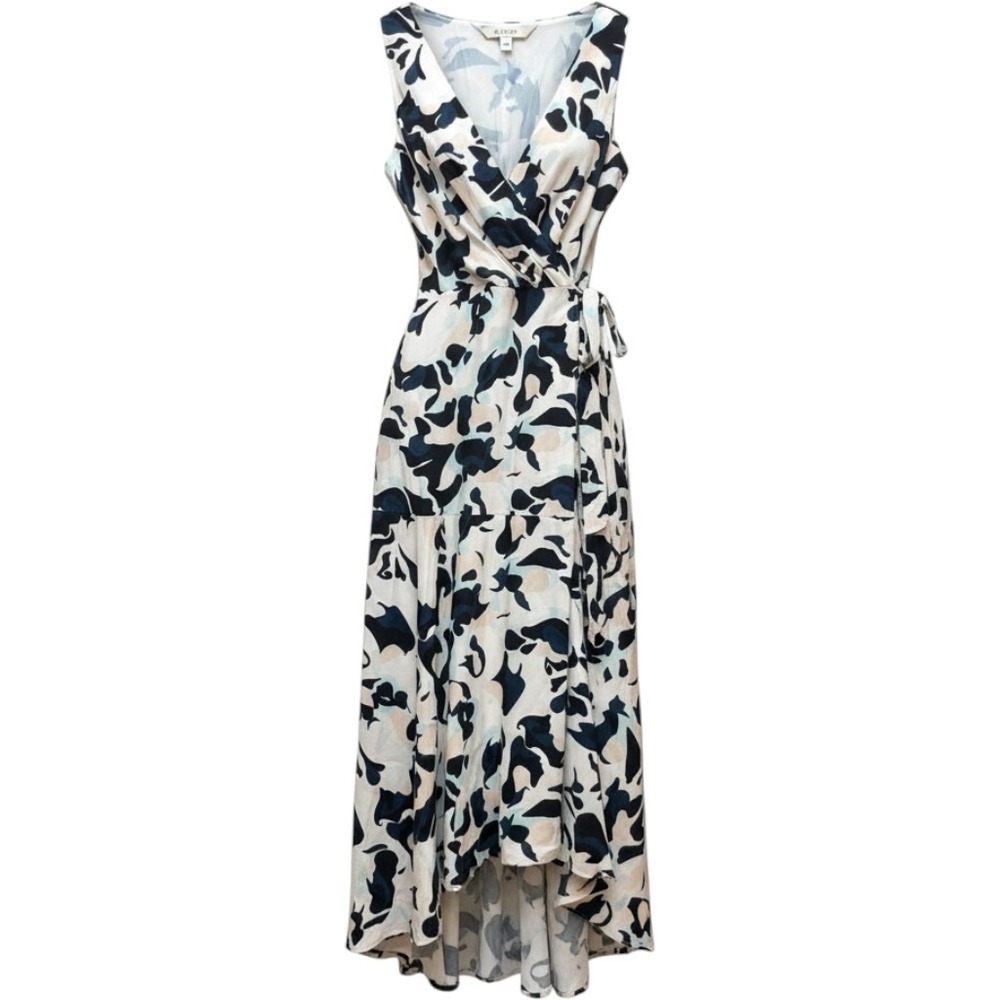 Club Monaco Wrap Dress Silk Size 0 White Faux Wrap Dress Abstract Print Midi